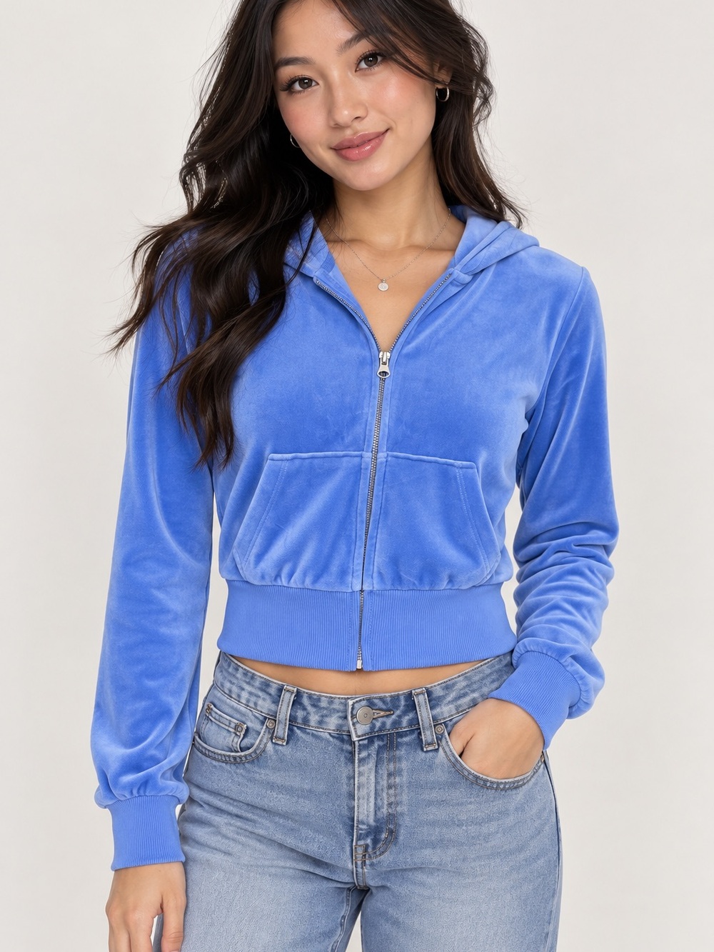 H&M Women’s XS Blue Velour Zip-Up Hoodie Y2K Cropped